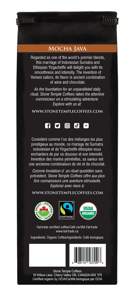 Mocha Java - Ground, Medium Roast, Certified Organic OCIA/ Fairtrade C